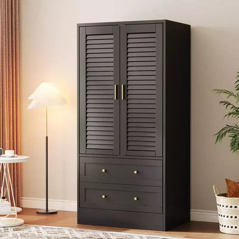 Armoire de chambre avec 2 portes persiennes et 2 tiroirs, penderie avec tringle, grande capacité de rangement, autoportante en bois