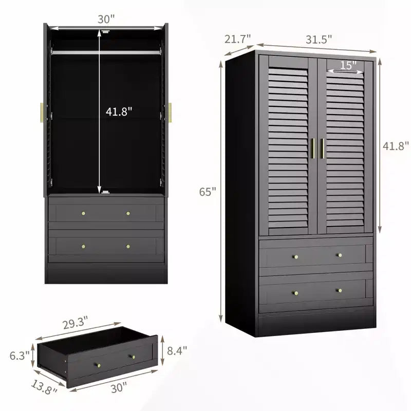 Armoire de chambre avec 2 portes persiennes et 2 tiroirs, penderie avec tringle, grande capacité de rangement, autoportante en bois