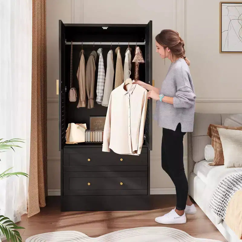 Armoire de chambre avec 2 portes persiennes et 2 tiroirs, penderie avec tringle, grande capacité de rangement, autoportante en bois