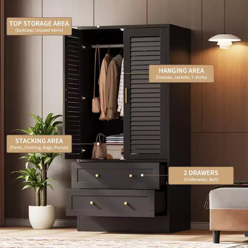 Armoire de chambre avec 2 portes persiennes et 2 tiroirs, penderie avec tringle, grande capacité de rangement, autoportante en bois