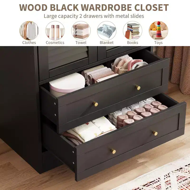Armoire de chambre avec 2 portes persiennes et 2 tiroirs, penderie avec tringle, grande capacité de rangement, autoportante en bois