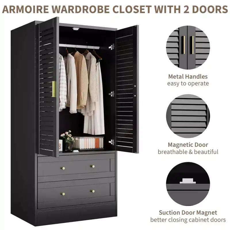 Armoire de chambre avec 2 portes persiennes et 2 tiroirs, penderie avec tringle, grande capacité de rangement, autoportante en bois