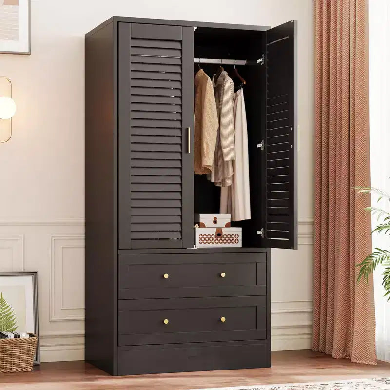 Armoire de chambre avec 2 portes persiennes et 2 tiroirs, penderie avec tringle, grande capacité de rangement, autoportante en bois