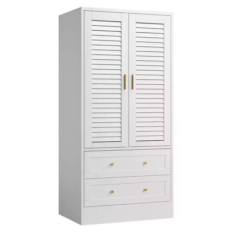Armoire de chambre avec 2 portes persiennes et 2 tiroirs, penderie avec tringle, grande capacité de rangement, autoportante en bois