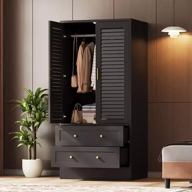 Armoire de chambre avec 2 portes persiennes et 2 tiroirs, penderie avec tringle, grande capacité de rangement, autoportante en bois