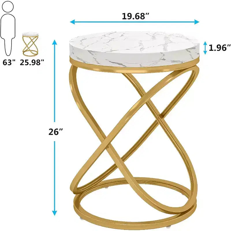 Table d'appoint ronde de 26 pouces avec plateau en bois d'ingénierie et pieds métalliques doubles en forme de X, table d'appoint à placage effet marbre pour salon, chambre à coucher