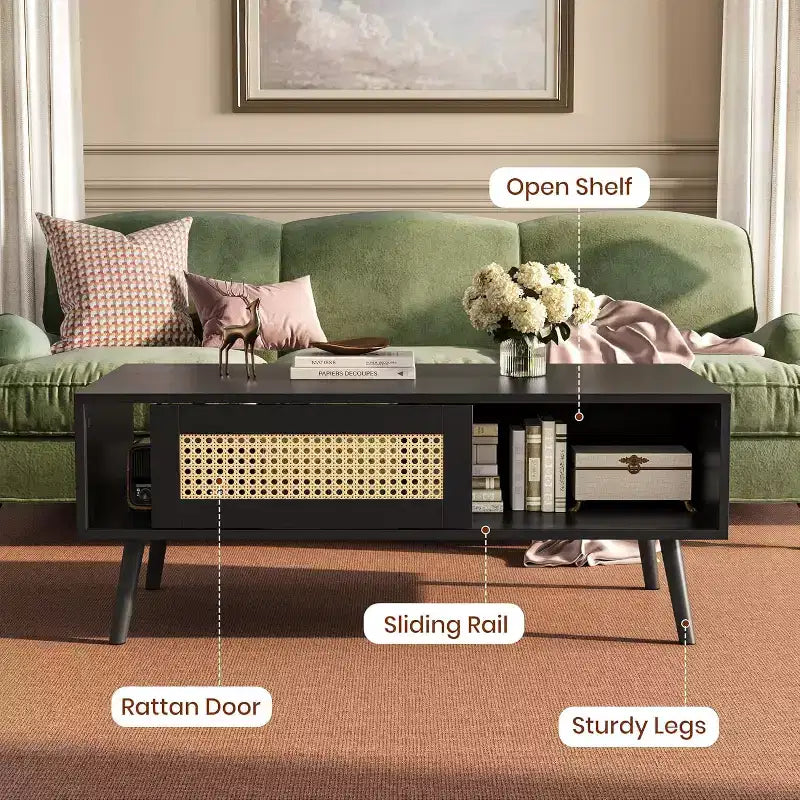 Table basse en bois avec portes coulissantes en rotin et étagère de rangement, table de salon de style Mid-Century avec compartiments cachés pour salon et chambre