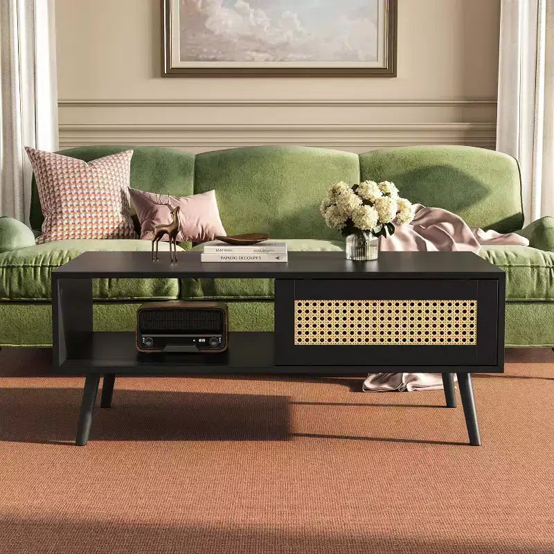 Table basse en bois avec portes coulissantes en rotin et étagère de rangement, table de salon de style Mid-Century avec compartiments cachés pour salon et chambre