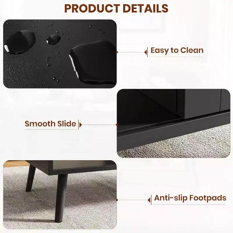 Table basse en bois avec portes coulissantes en rotin et étagère de rangement, table de salon de style Mid-Century avec compartiments cachés pour salon et chambre
