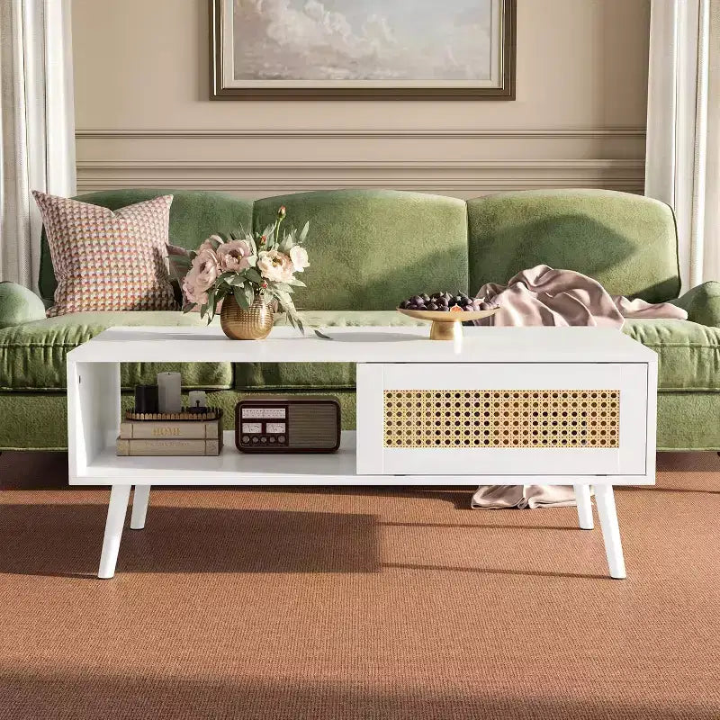 Table basse en bois avec portes coulissantes en rotin et étagère de rangement, table de salon de style Mid-Century avec compartiments cachés pour salon et chambre