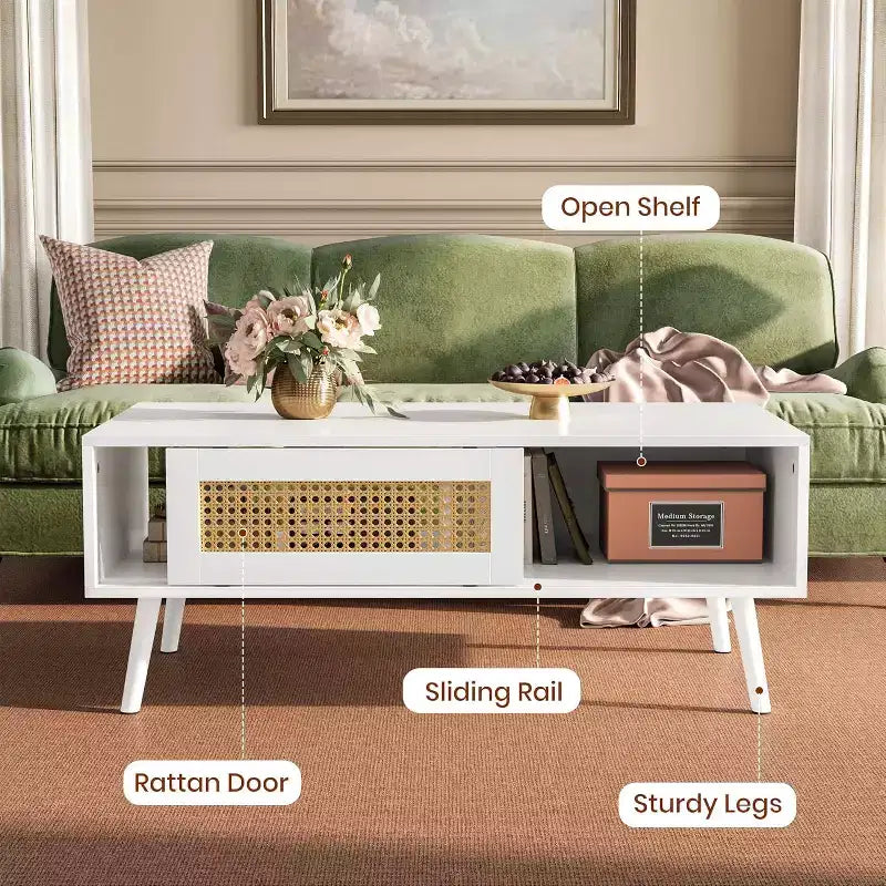 Table basse en bois avec portes coulissantes en rotin et étagère de rangement, table de salon de style Mid-Century avec compartiments cachés pour salon et chambre