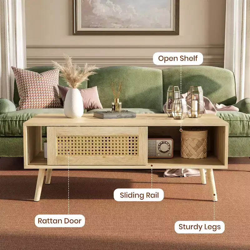 Table basse en bois avec portes coulissantes en rotin et étagère de rangement, table de salon de style Mid-Century avec compartiments cachés pour salon et chambre