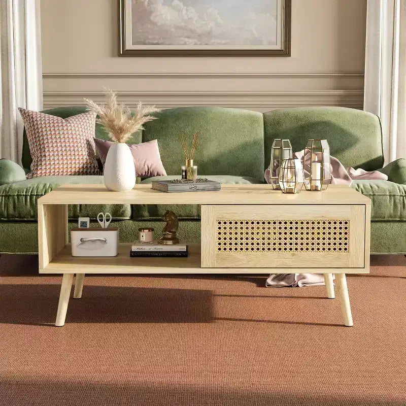 Table basse en bois avec portes coulissantes en rotin et étagère de rangement, table de salon de style Mid-Century avec compartiments cachés pour salon et chambre