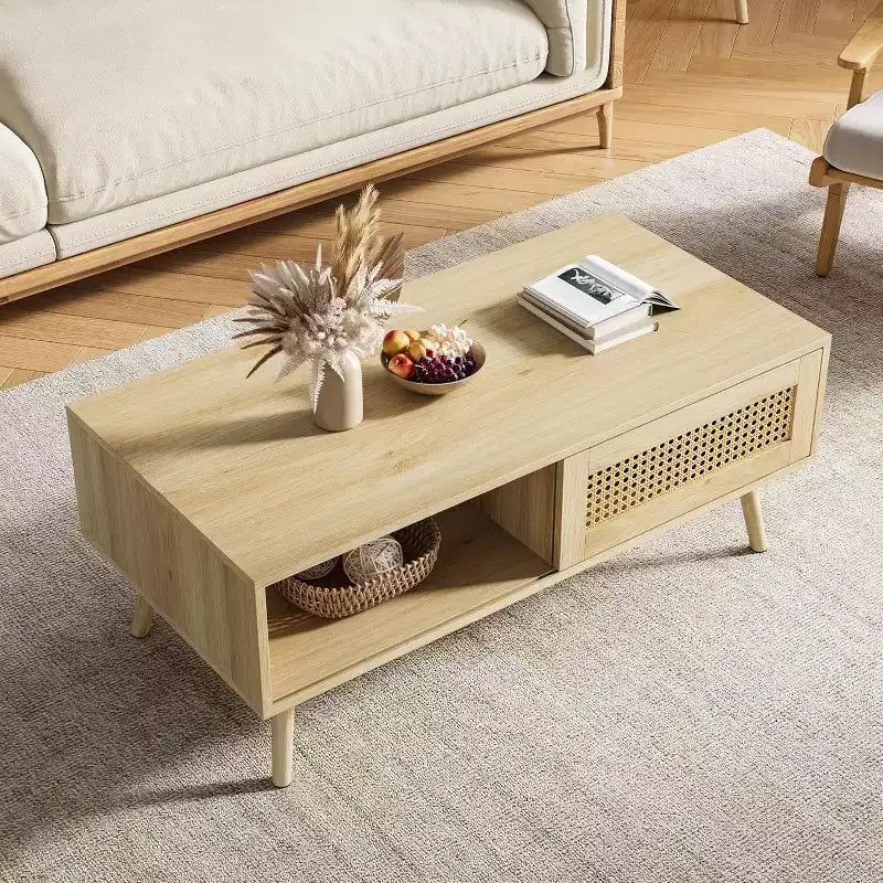Table basse en bois avec portes coulissantes en rotin et étagère de rangement, table de salon de style Mid-Century avec compartiments cachés pour salon et chambre
