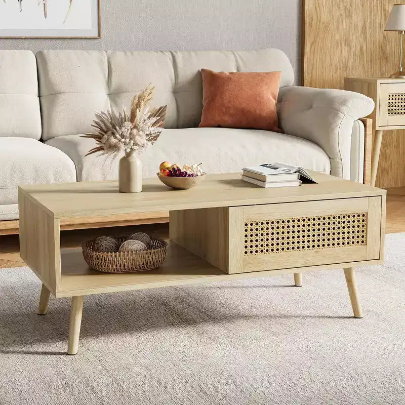 Table basse en bois avec portes coulissantes en rotin et étagère de rangement, table de salon de style Mid-Century avec compartiments cachés pour salon et chambre