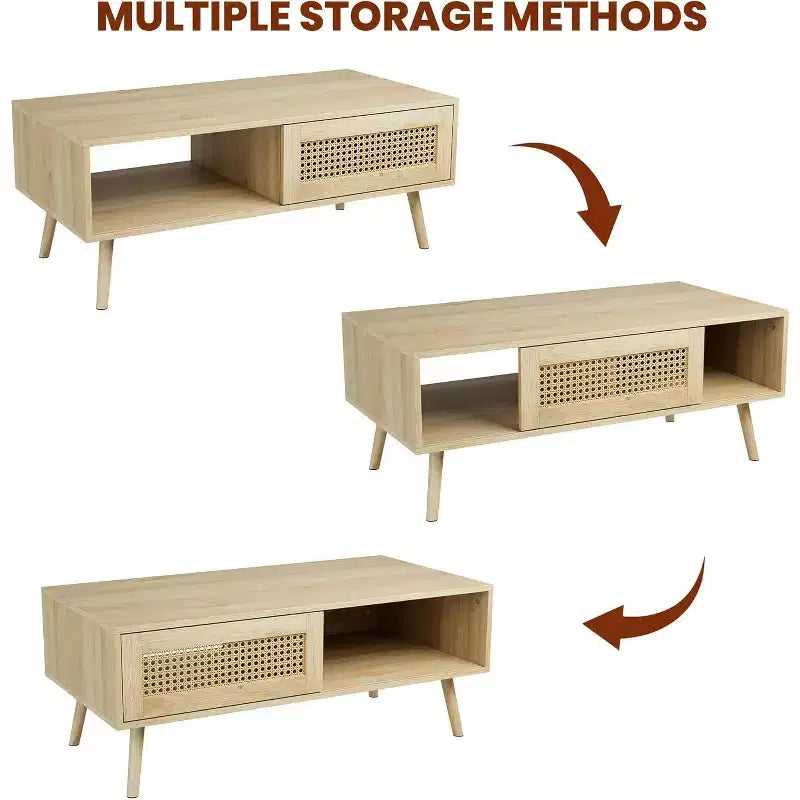 Table basse en bois avec portes coulissantes en rotin et étagère de rangement, table de salon de style Mid-Century avec compartiments cachés pour salon et chambre