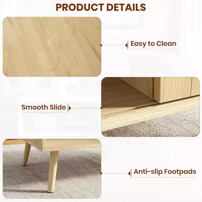Table basse en bois avec portes coulissantes en rotin et étagère de rangement, table de salon de style Mid-Century avec compartiments cachés pour salon et chambre