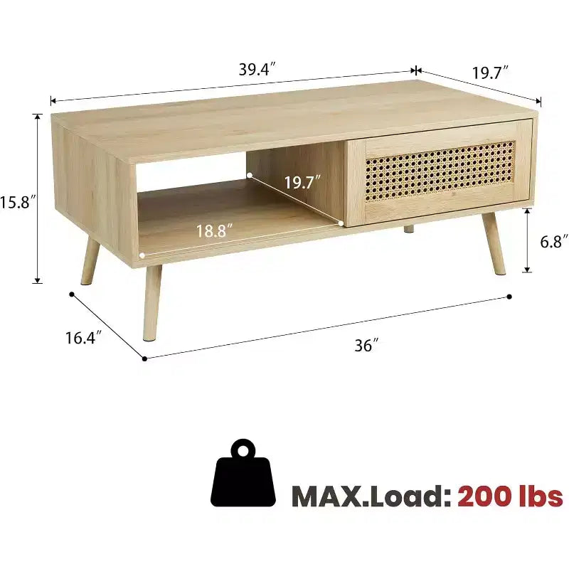 Table basse en bois avec portes coulissantes en rotin et étagère de rangement, table de salon de style Mid-Century avec compartiments cachés pour salon et chambre