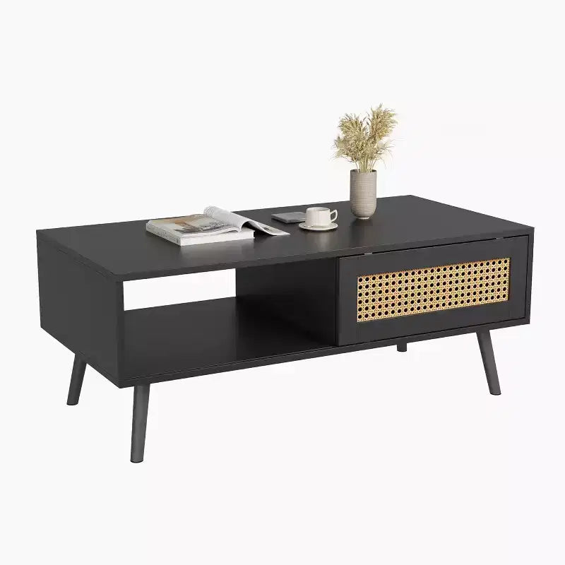 Table basse en bois avec portes coulissantes en rotin et étagère de rangement, table de salon de style Mid-Century avec compartiments cachés pour salon et chambre