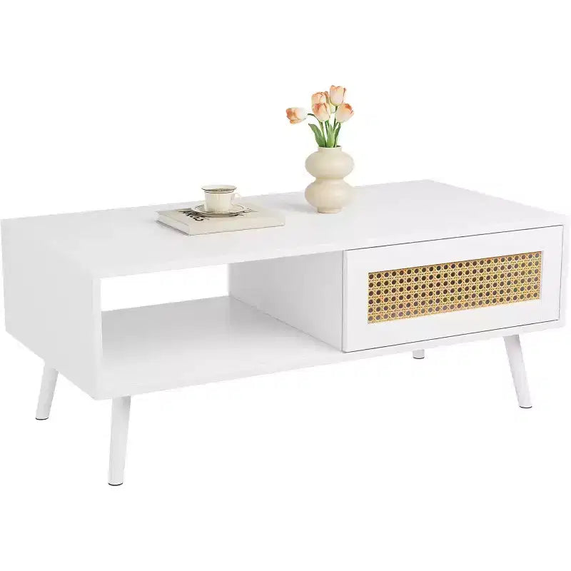 Table basse en bois avec portes coulissantes en rotin et étagère de rangement, table de salon de style Mid-Century avec compartiments cachés pour salon et chambre