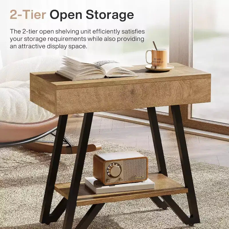 Table d'appoint : Conception étroite avec étagères de rangement, adaptée au salon, à la chambre, aux petits espaces ; finition naturelle.