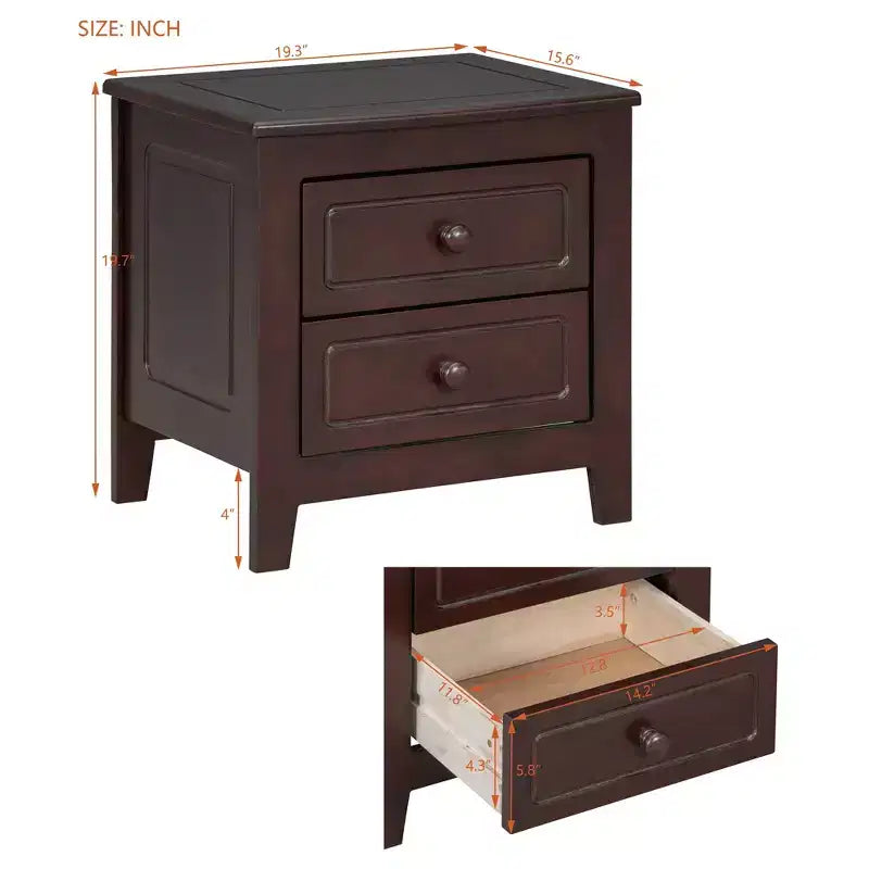 Table de chevet Mid-Century Moderne LED/veilleuse 2 tiroirs Bois massif