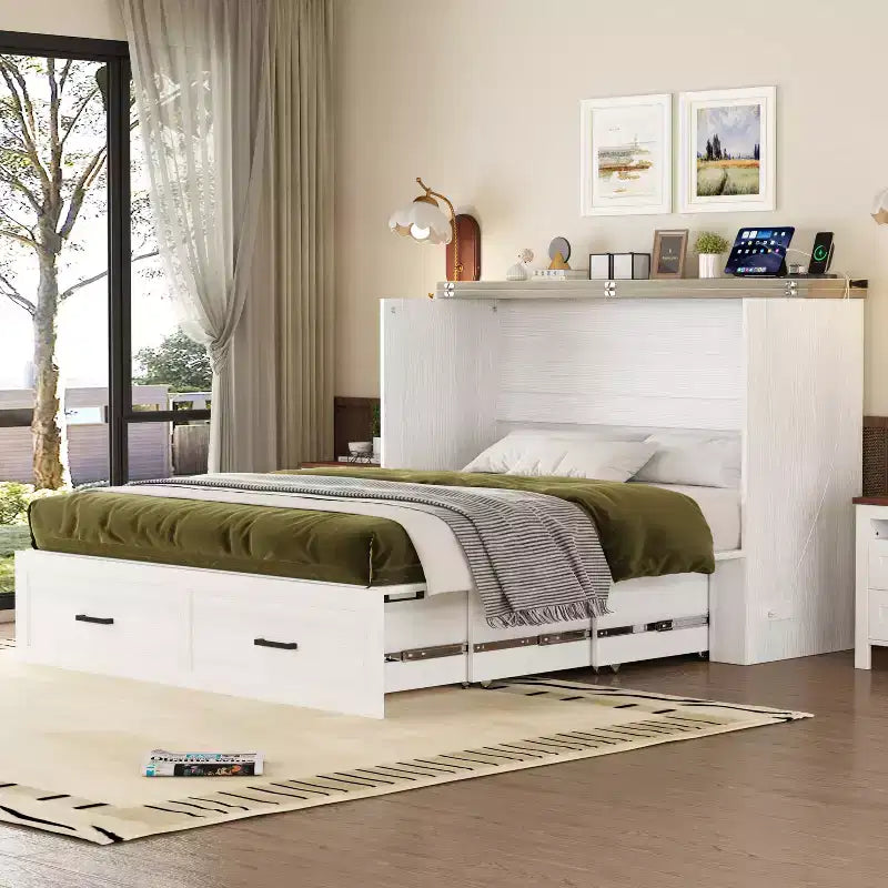 Lit escamotable Wood Murphy avec station de recharge et tiroirs de rangement