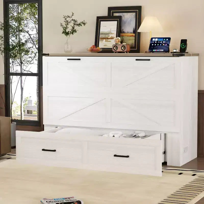 Lit escamotable Wood Murphy avec station de recharge et tiroirs de rangement