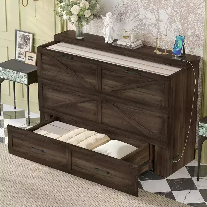 Lit escamotable Wood Murphy avec station de recharge et tiroirs de rangement