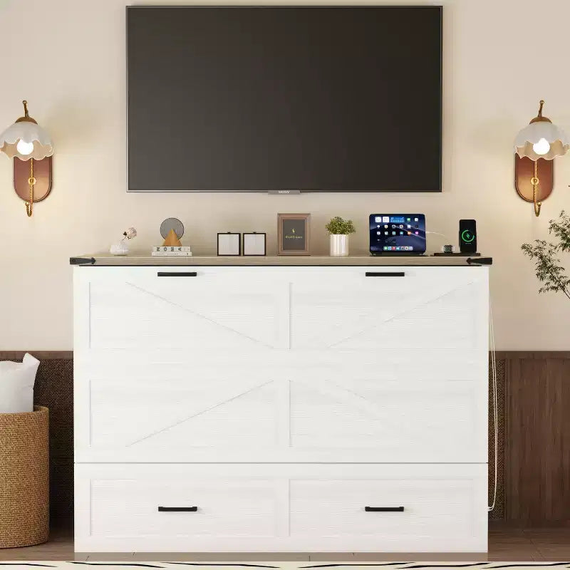 Lit escamotable Wood Murphy avec station de recharge et tiroirs de rangement