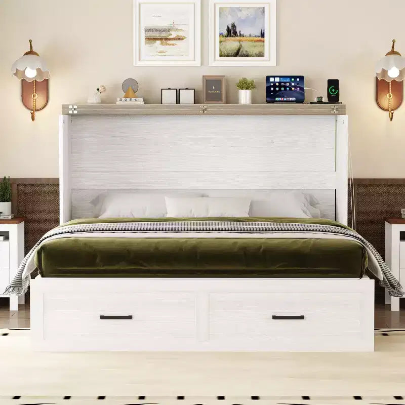 Lit escamotable Wood Murphy avec station de recharge et tiroirs de rangement