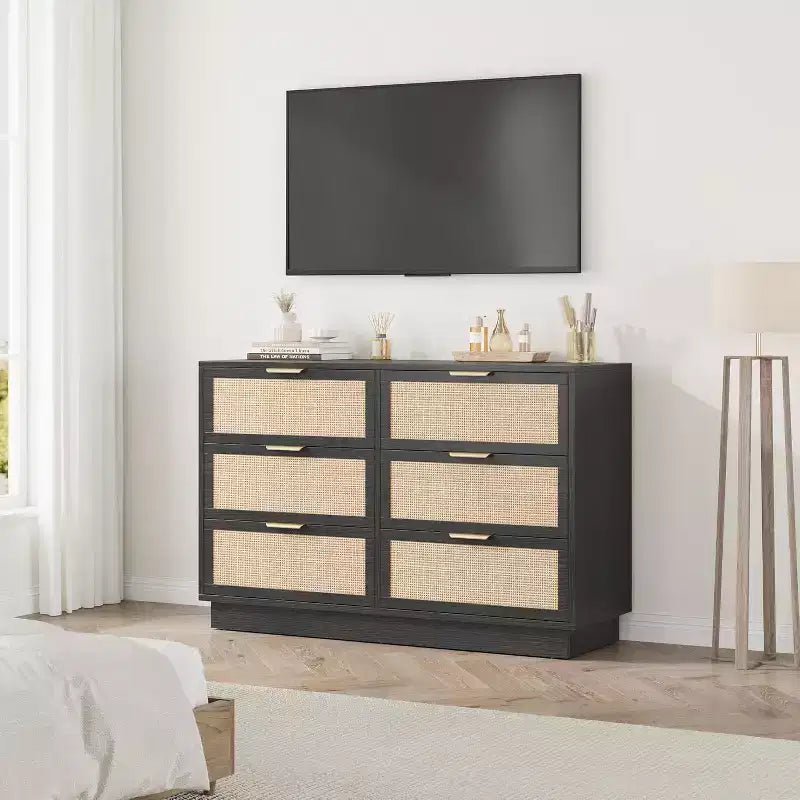 Commode tiroirs avec poignées dorées, meuble de rangement moderne en bois noir, large organisateur pour chambre à coucher, salon, couloir