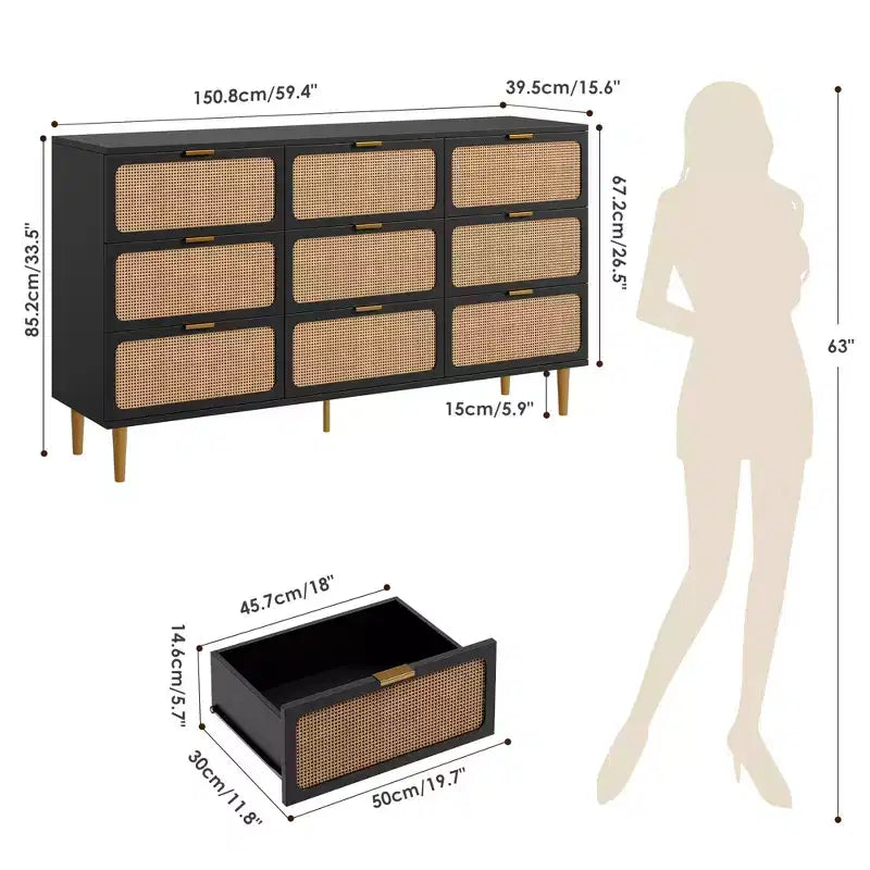 Commode tiroirs avec poignées dorées, meuble de rangement moderne en bois noir, large organisateur pour chambre à coucher, salon, couloir