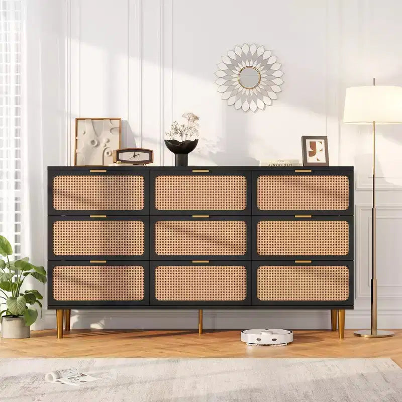 Commode tiroirs avec poignées dorées, meuble de rangement moderne en bois noir, large organisateur pour chambre à coucher, salon, couloir