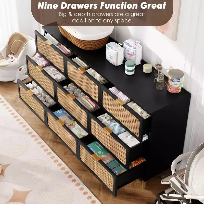 Commode tiroirs avec poignées dorées, meuble de rangement moderne en bois noir, large organisateur pour chambre à coucher, salon, couloir