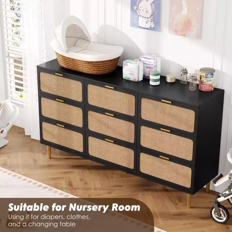 Commode tiroirs avec poignées dorées, meuble de rangement moderne en bois noir, large organisateur pour chambre à coucher, salon, couloir