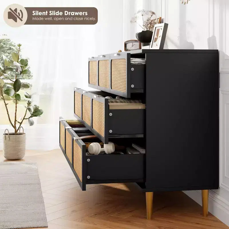 Commode tiroirs avec poignées dorées, meuble de rangement moderne en bois noir, large organisateur pour chambre à coucher, salon, couloir