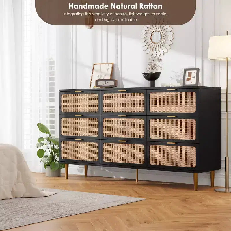 Commode tiroirs avec poignées dorées, meuble de rangement moderne en bois noir, large organisateur pour chambre à coucher, salon, couloir