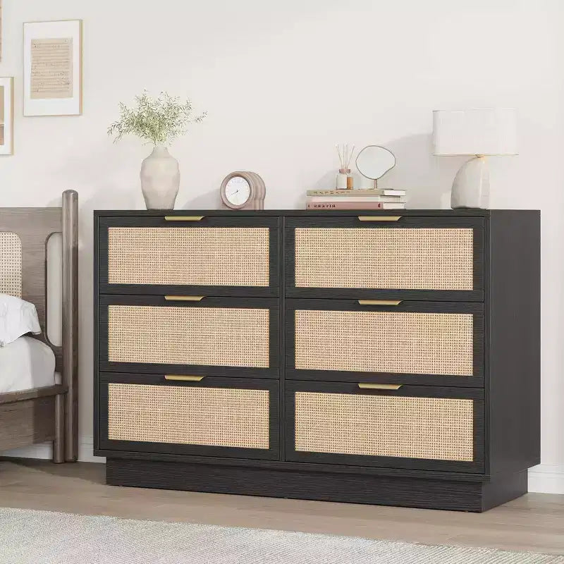 Commode tiroirs avec poignées dorées, meuble de rangement moderne en bois noir, large organisateur pour chambre à coucher, salon, couloir