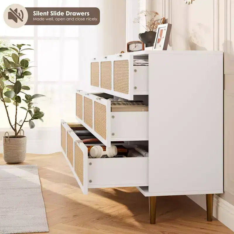 Commode tiroirs avec poignées dorées, meuble de rangement moderne en bois noir, large organisateur pour chambre à coucher, salon, couloir