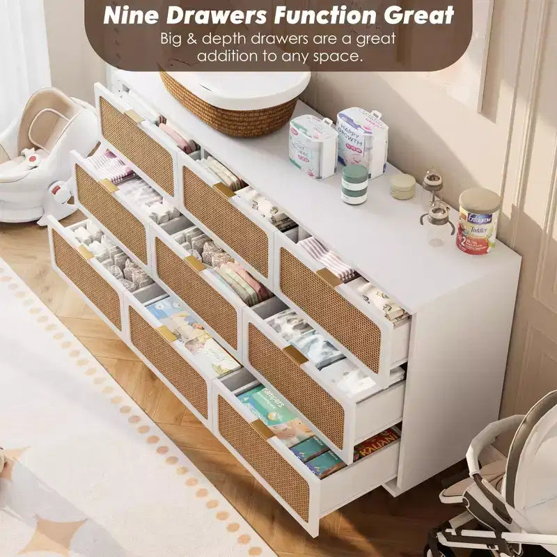 Commode tiroirs avec poignées dorées, meuble de rangement moderne en bois noir, large organisateur pour chambre à coucher, salon, couloir