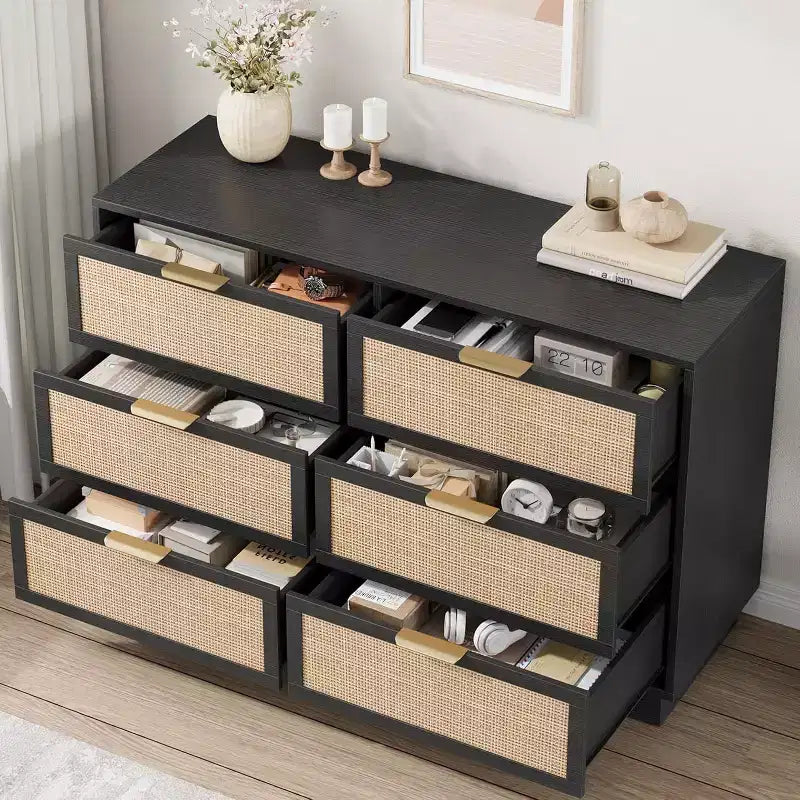 Commode tiroirs avec poignées dorées, meuble de rangement moderne en bois noir, large organisateur pour chambre à coucher, salon, couloir