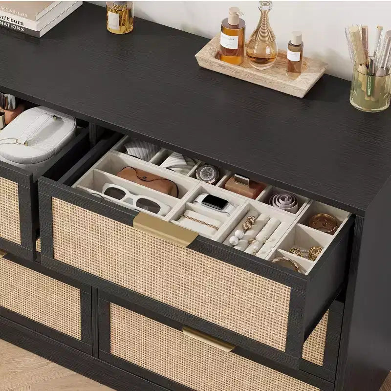 Commode tiroirs avec poignées dorées, meuble de rangement moderne en bois noir, large organisateur pour chambre à coucher, salon, couloir