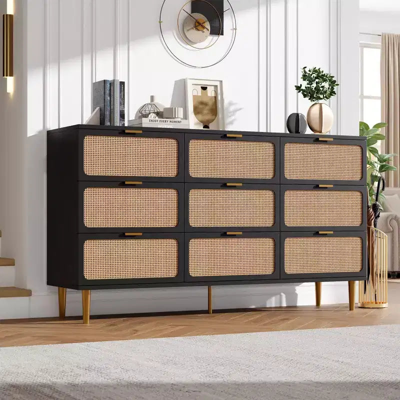 Commode tiroirs avec poignées dorées, meuble de rangement moderne en bois noir, large organisateur pour chambre à coucher, salon, couloir