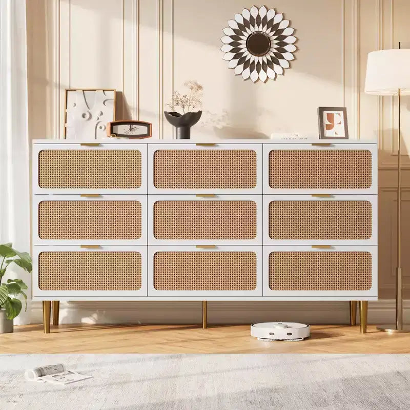 Commode tiroirs avec poignées dorées, meuble de rangement moderne en bois noir, large organisateur pour chambre à coucher, salon, couloir