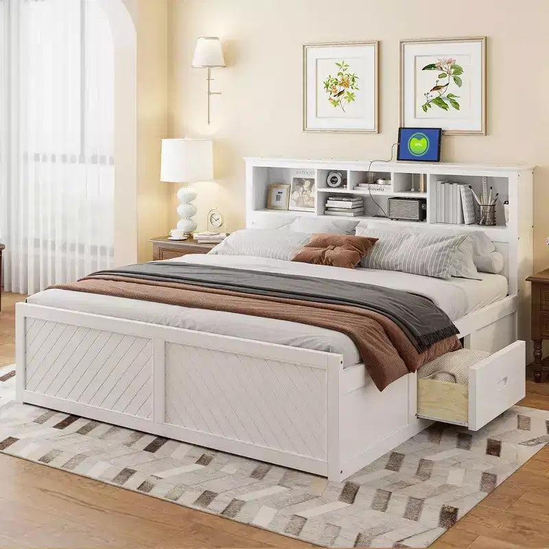 Lit plateforme King Size en bois avec tête de lit multi-rangements, USB et tiroirs, montage facile