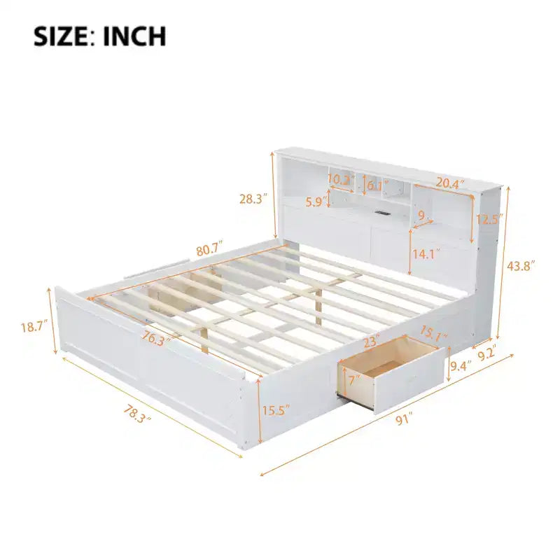 Lit plateforme King Size en bois avec tête de lit multi-rangements, USB et tiroirs, montage facile