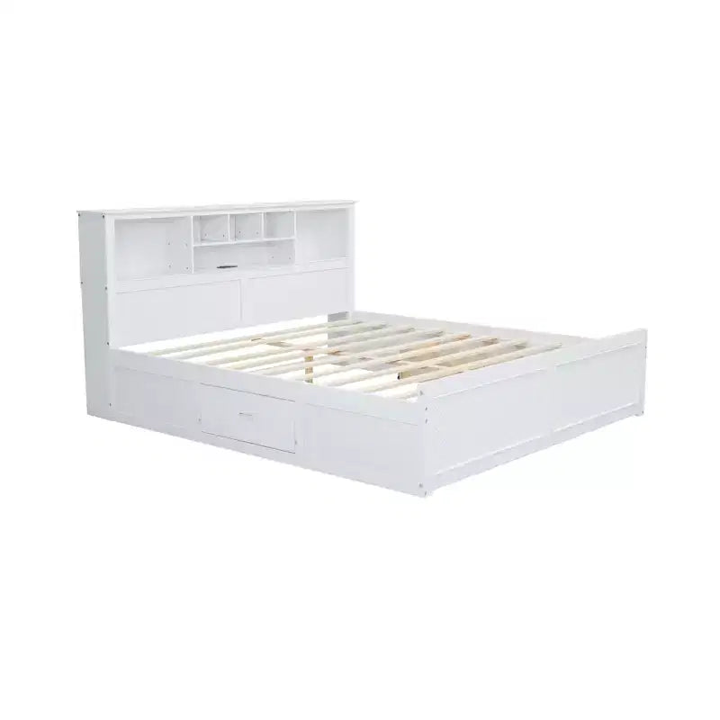 Lit plateforme King Size en bois avec tête de lit multi-rangements, USB et tiroirs, montage facile