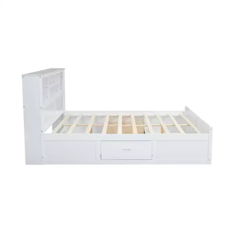 Lit plateforme King Size en bois avec tête de lit multi-rangements, USB et tiroirs, montage facile