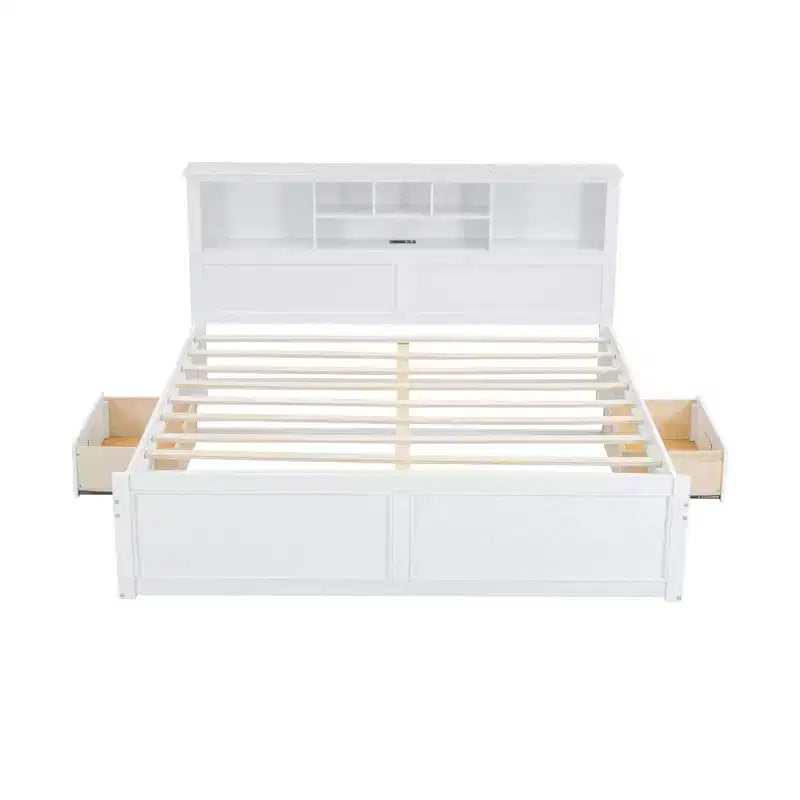 Lit plateforme King Size en bois avec tête de lit multi-rangements, USB et tiroirs, montage facile